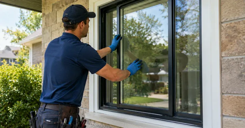 technician measuring a broken window pane for replacement in Alliston, Orangeville
