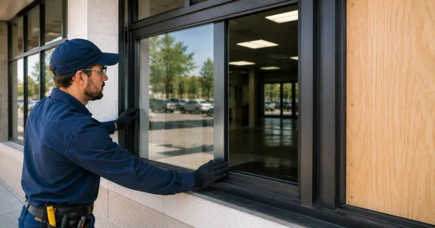 technician boarding a broken window after a break-in in Mulmur, Orangeville