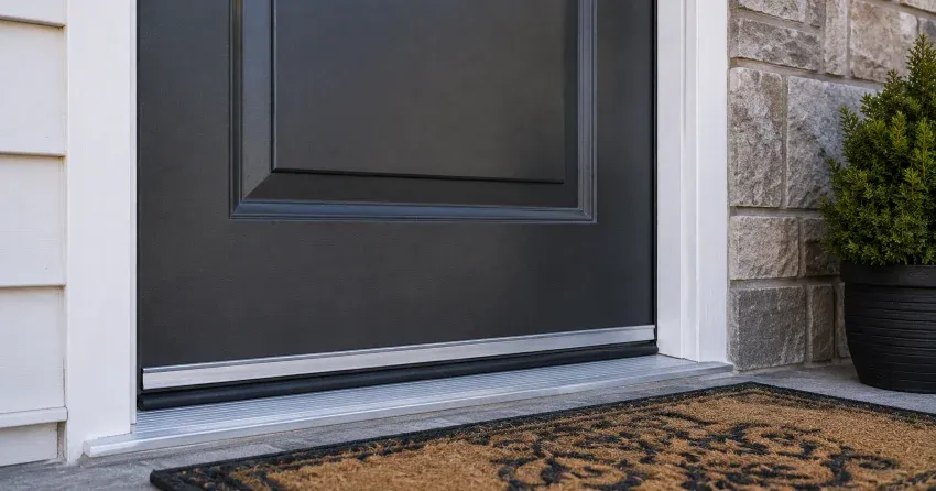 technician replacing worn door weatherstripping in Mono, Orangeville home