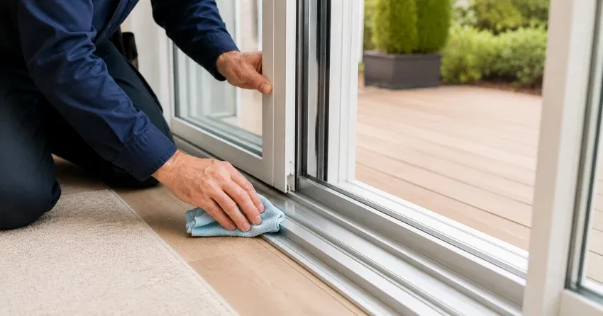 technician inspecting a sliding patio door track in Mono, Orangeville