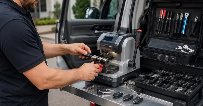 technician cutting a replacement car door lock key in Mono, Orangeville
