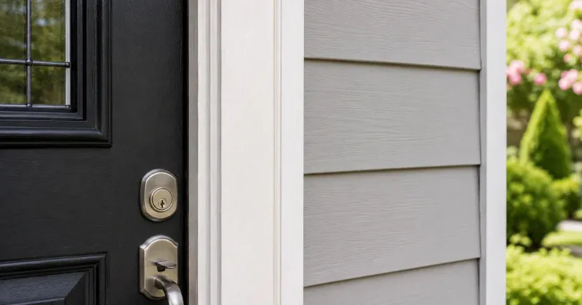 technician inspecting door jamb behind cracked casing in Arthur, Orangeville home