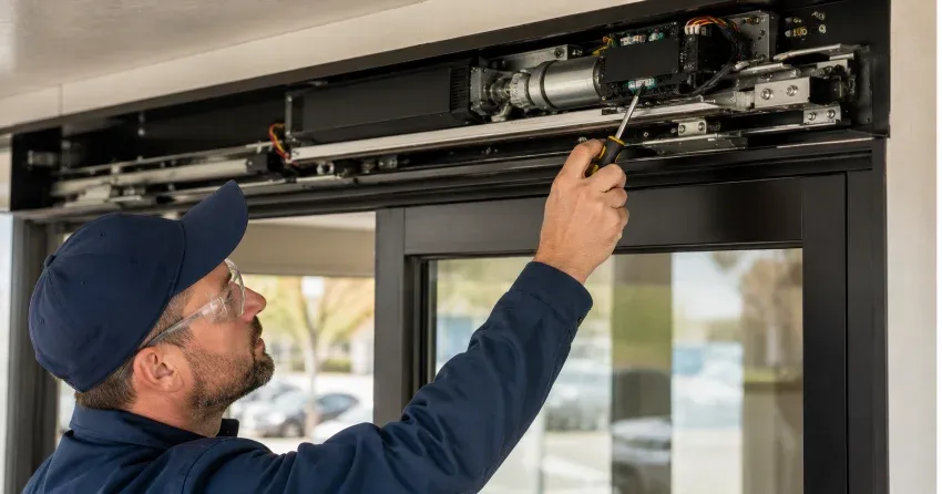 technician completing automatic door repair on residential property in Alliston, Orangeville