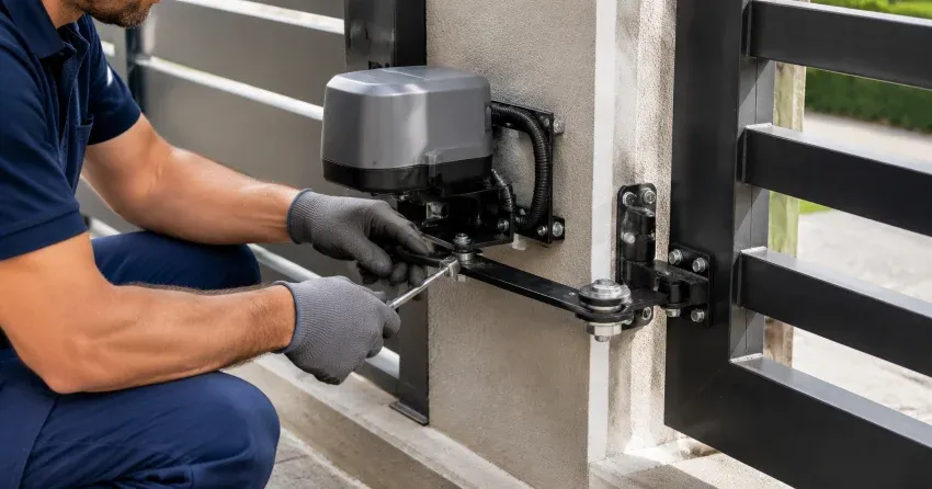 technician diagnosing automatic gate motor and control panel in Mulmur, Orangeville