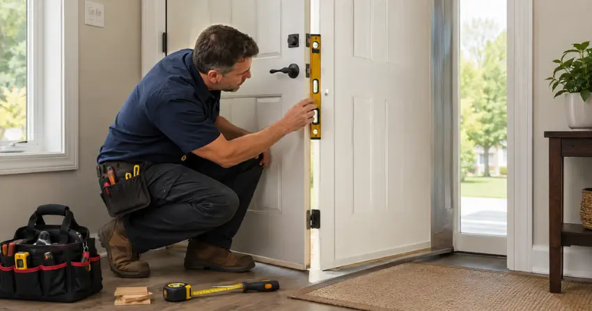 technician diagnosing a misaligned door frame in Mulmur, Orangeville