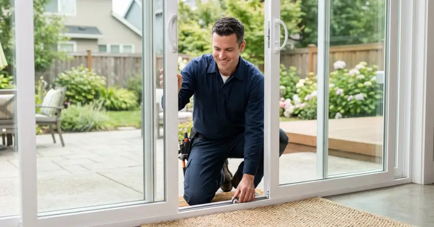 technician diagnosing a sticking patio door in Mulmur, Orangeville