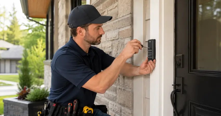 Technician installing an access control system keypad beside a residential front door in Mono, Orangeville