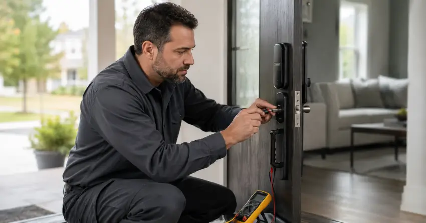technician diagnosing automatic door lock mechanism on residential door in Arthur, Orangeville