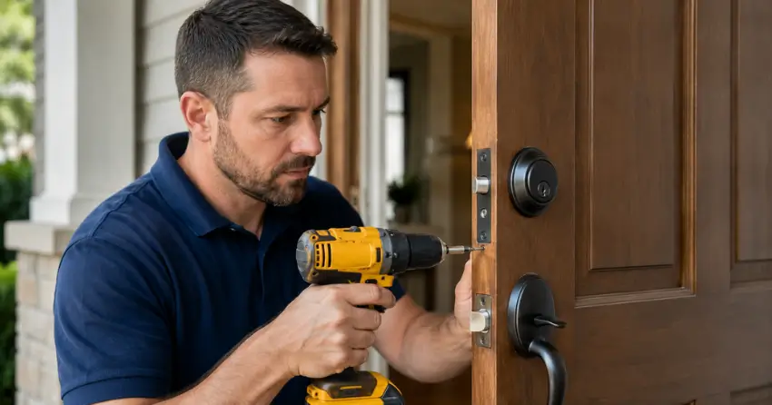 technician installing a new deadbolt during Change Door Lock Amaranth, Orangeville service