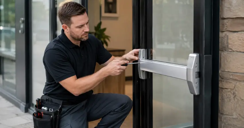 commercial locksmith repairing exit device on storefront door Mono, Orangeville