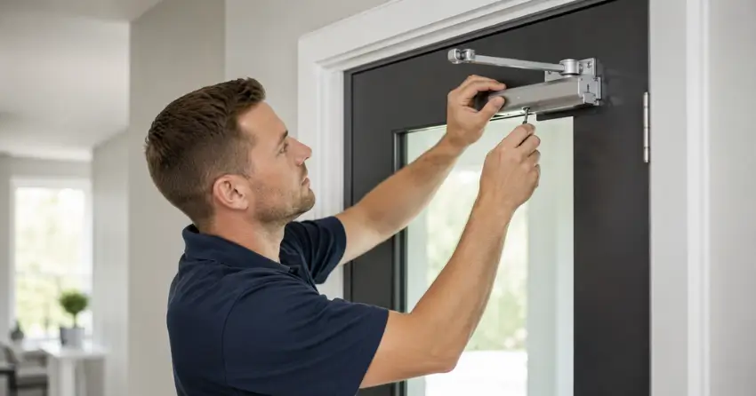 technician adjusting door closer hydraulic valve in Orangeville home