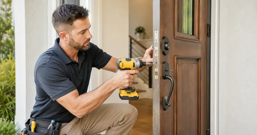 locksmith installing new deadbolt lock on front door in Mulmur, Orangeville