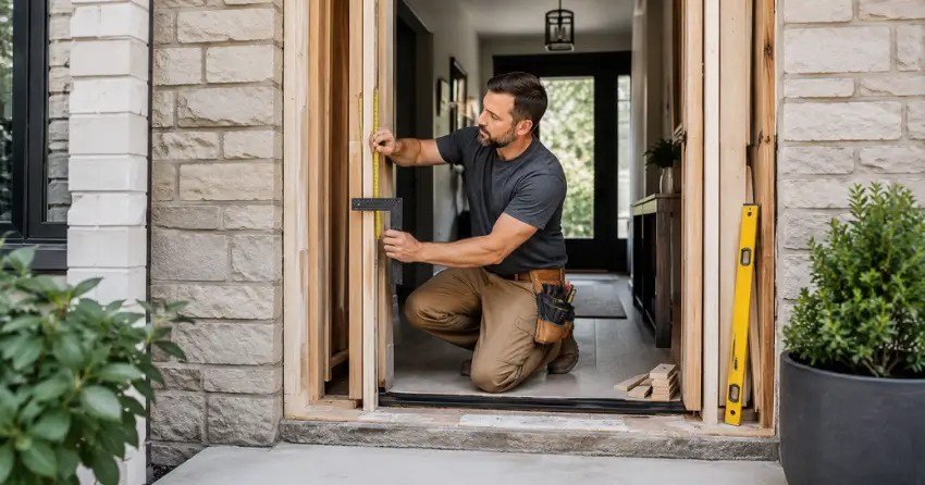 exterior door installer assessing rough opening in Amaranth, Orangeville