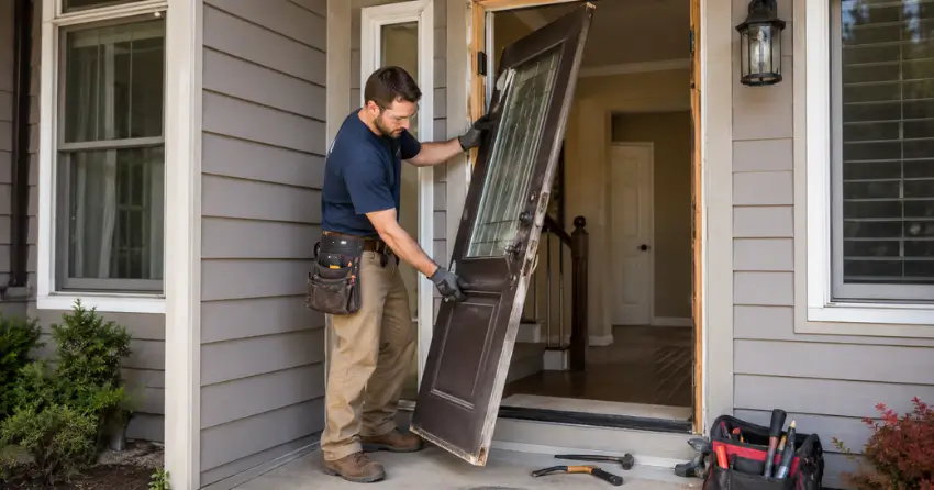old exterior door being removed for replacement in Fergus, Orangeville