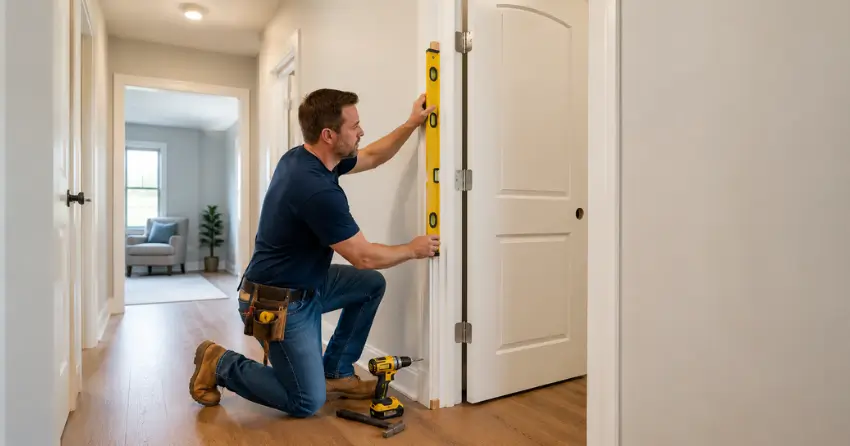 technician installing a pre-hung interior door in a home hallway Mono, Orangeville