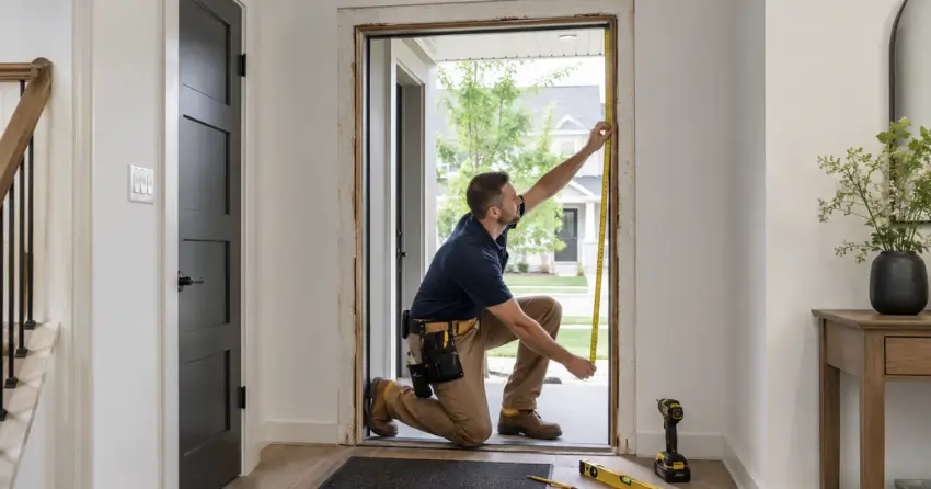 technician measuring a door frame before new door installation in Orangeville