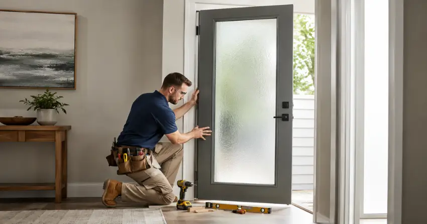 glass panel door installation with frosted privacy glass in residential setting in Arthur, Orangeville