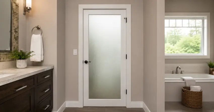 frosted glass panel bathroom door installed in a Mulmur, Orangeville home