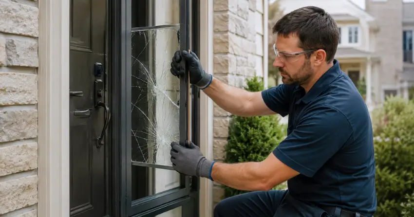 technician removing cracked storm door glass panel in Amaranth, Orangeville