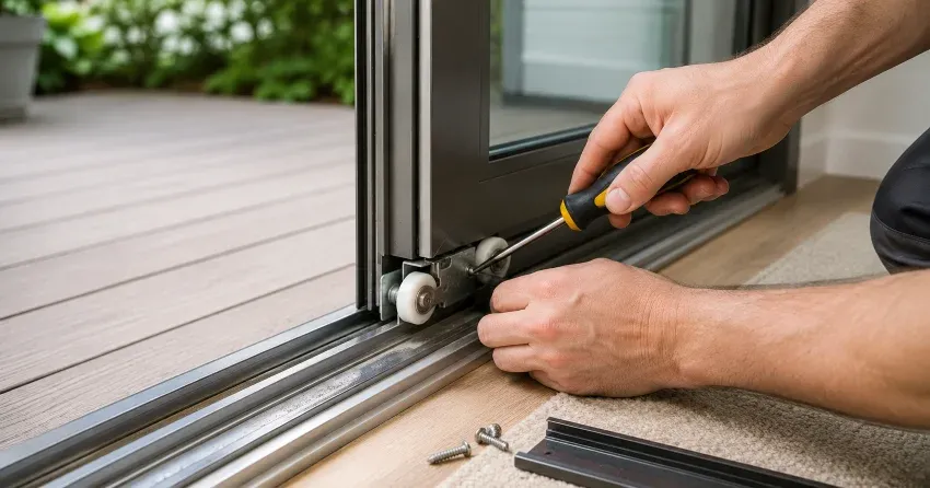sliding door fix Orangeville technician diagnosing track issue