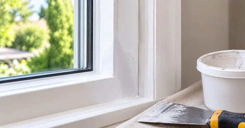 technician repairing rotted window frame corner in Orangeville