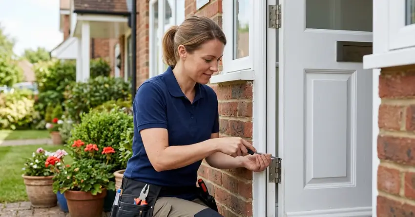 technician repairing exterior door hinge and frame in Fergus, Orangeville