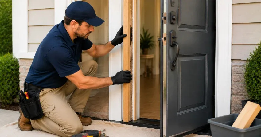 technician inspecting damaged door frame corner in Arthur, Orangeville