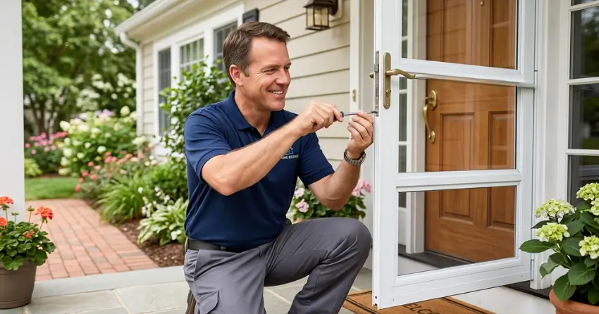 technician adjusting storm door hinge and closer in Amaranth, Orangeville