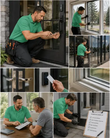 A technician adjusting a patio door roller assembly on site